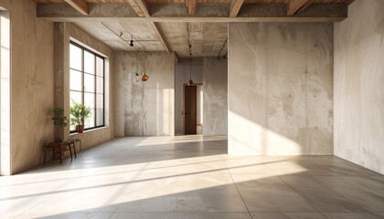 An empty, sunlit interior space with concrete walls, a large window, and wooden beams.