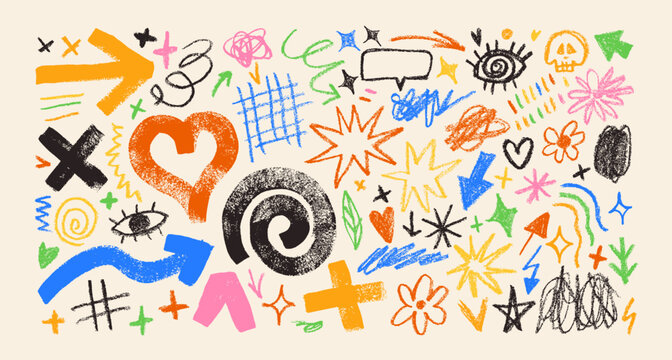 Funky colorful crayon drawn punk shapes and squiggles. Brush drawn spiral, heart, arrow and cross.