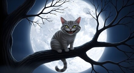A spooky gray tabby cat with a cheshire grin sits on a bare tree branch against a backdrop of a full moon, creating a whimsical halloween night scene