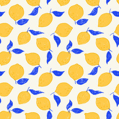 Yellow lemons with blue leaves seamless pattern. Fresh style fruit wallpaper. Crayon drawn lemon fruits background. Tropical summer seamless pattern. Abstract citrus wallpaper, fabric print.