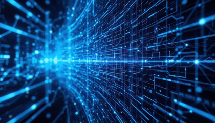 Dynamic blue digital network grid flowing through abstract cyberspace, representing future technology and global connectivity