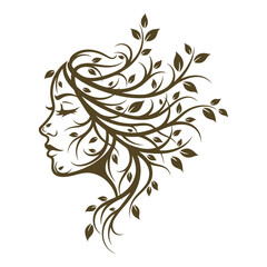 Fototapeta premium Vector art of stylized profile of a womans face with her hair transforming into branches and leaves