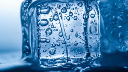 Ice cubes with trapped air bubbles melt, showing transparent details, ice cubes cool and refresh drinks in summer. These melting ice cubes, create liquid pools. - Powered by Adobe