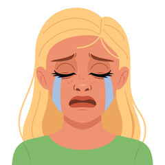 Crying unhappy blonde woman face expression female emotions attractive cartoon character