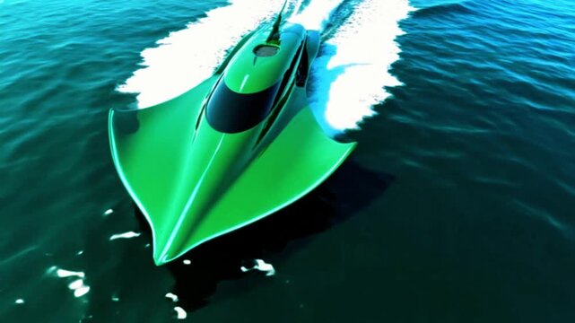 A green boat moving quickly through the water, creating a wake behind it. The boat has a sleek, modern design with a pointed front and a streamlined shape.