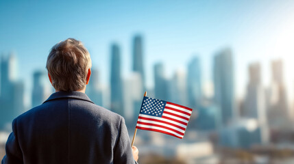 Man holding small American flag looking at city skyline from abo