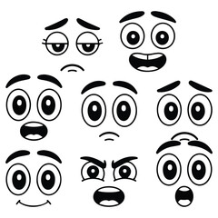 Collection vector cartoon faces with different emotions sad angry mad smile funny tired