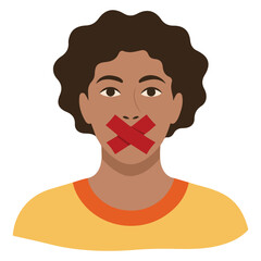 African American woman with mouth sealed in adhesive tape vector illustration isolated