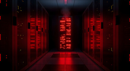 Digital Data Center Hallway with Red Lights and Server Racks