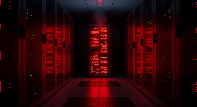 Digital Data Center Hallway with Red Lights and Server Racks