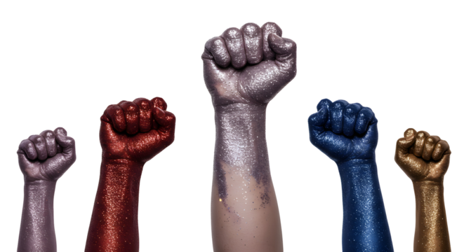 Raised Glittering Fists Symbolizing Unity and Strength Against a Black Backdrop