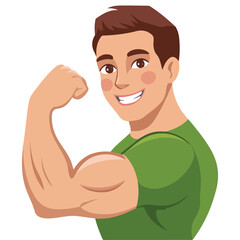 Strong young muscular man flexing biceps and smiling happy isolated vector illustration