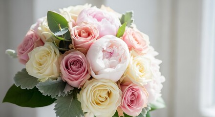 Obraz premium Delicate Bouquet of Roses and Peonies in Soft Pastel Hues