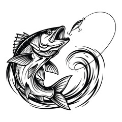 Vector art of black and white illustration of a fish jumping out of water to catch a fishing lure