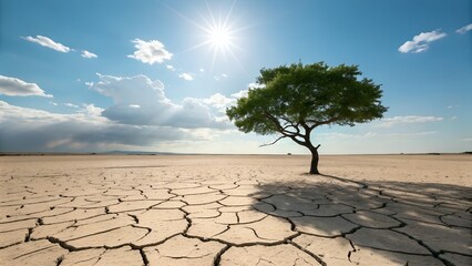 A resilient green tree persists beautifully in a vast, dry, cracked desert, bathed in bright sunlight under a clear blue sky.