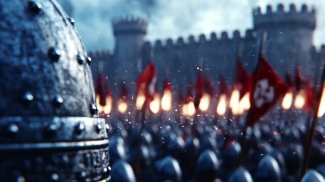 A cinematic view of a medieval army preparing for a castle siege, a powerful scene of unity and strength, perfect for epic films, fantasy video games, and historical documentaries.