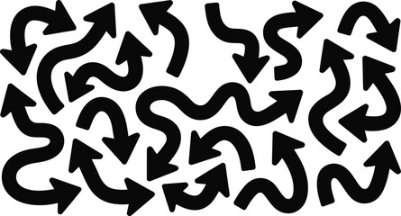 Collection of Black Directional Arrows on White Background Representing Guidance and Wayfinding in Design and Navigation Systems emphasizing Choice and Decision Making