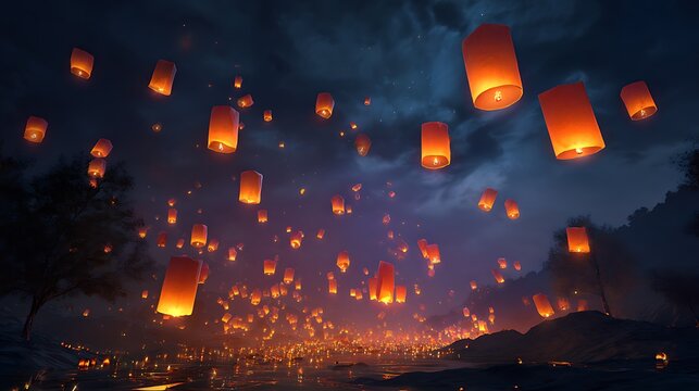 Floating Lanterns Illuminate Night Sky Celebration Festival