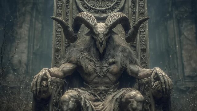 Giant horned demon monster sitting on throne of bones. halloween monster, demon, throne of bones, spooky, eerie, scary, creepy, horror, haunted, october, festive