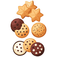 Various cookies in cartoon style vector icons set isolated on white background