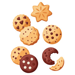 Different cookies in cartoon style vector icons set isolated on white background