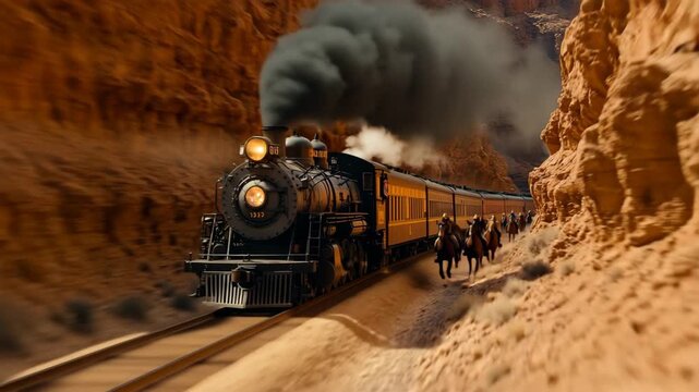An epic Wild West chase with cowboys on horseback racing a steam train through a canyon, a cinematic scene of the American frontier, perfect for historical films and westerns.