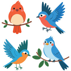 Set flat vector illustrations simple childrens style cute birds sitting branches flying