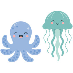 Vector illustration collection childrens Scandinavian style whale octopus jellyfish