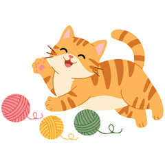 Yellow cat playing with yarn ball cute feline illustration isolated on white