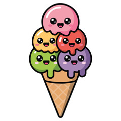 Kawaii cartoon ice cream character funny cute vector food illustration for kids