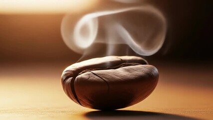 Single coffee bean with aromatic smoke rising above its surface, perfectly highlighting its freshness.