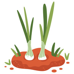 Soil bed with green onions vector vegetables hand drawn isolated on white background