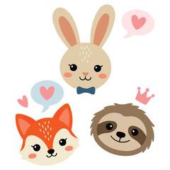 Valentines day clipart set cute animal faces rabbit fox sloth flat style vector