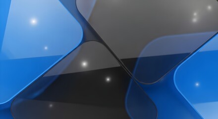 Abstract flowing shapes with bright light sources against a dark blue modern