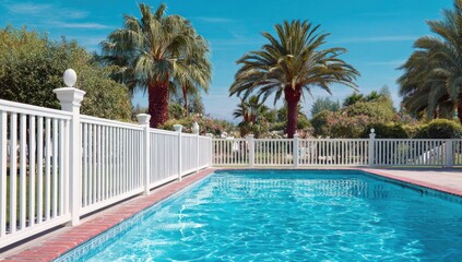 Tranquil pool oasis with lush landscaping