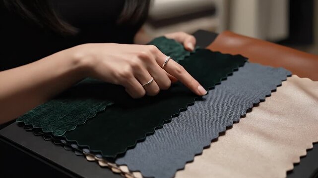 Close-up of hands selecting fabric swatches, choosing textile materials for interior design, fashion, or upholstery project