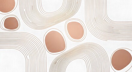 Abstract geometric shapes with thin copper lines and solid rose gold blobs on a textured white