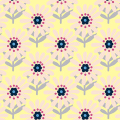 Seamless art-deco art-nouveau pattern with peach flowers and yellow background