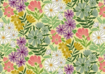 Fotobehang Tropische Bladeren Seamless bohemian minimalist boho vintage white pink purple yellow floral pattern in yellow background  © Designby_Ttay