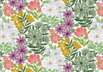 Seamless bohemian minimalist boho vintage white pink purple yellow floral pattern in white background