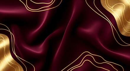 Deep red velvet fabric with flowing gold abstract lines and shimmering texture