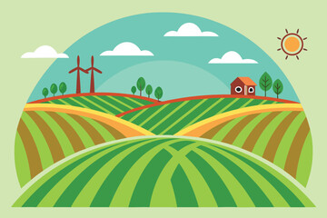 Fototapeta premium Rolling Green Hills with Farmhouse, Wind Turbines and Sun landscape rural