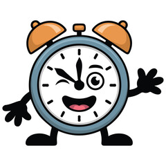 Alarm clock with wink character cartoon isolated vector illustration on white