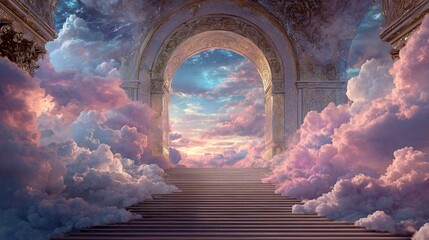 Ornate archway leads to dreamy pink, blue, and white sunset clouds above stairs