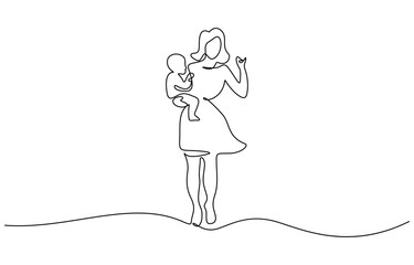 Mother holding baby in one continuous line art style, minimalist family love concept. Editable outline
