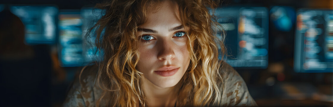 Young woman, cybersecurity expert monitors business etwork, communication trafic. Tech specialist analyzs data on computer screen.Secure coding, protection gainst cyber threats, dataencryption,