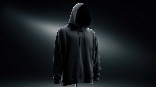 Mysterious figure in a dark hooded sweatshirt, shrouded in shadow and dramatic lighting.