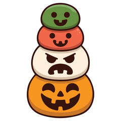 Cute mochi cartoon vector icon Japanese rice dessert pumpkin face Halloween day