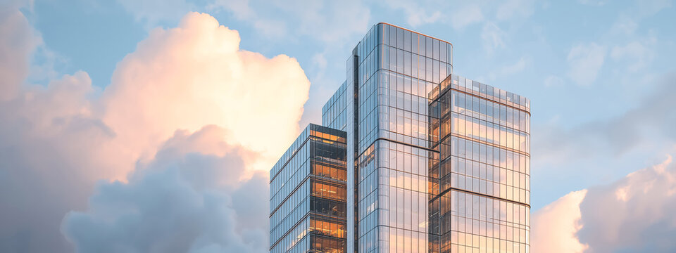 Modern glass skyscrapers reflecting pink and blue clouds at suns