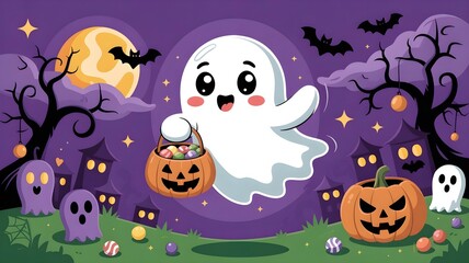 Cute Ghost with Candy Basket on Halloween Night